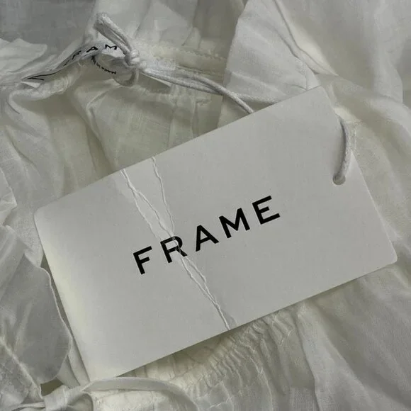 FRAME Women's Tie Neck Ruffle Popover Blouse White Size S